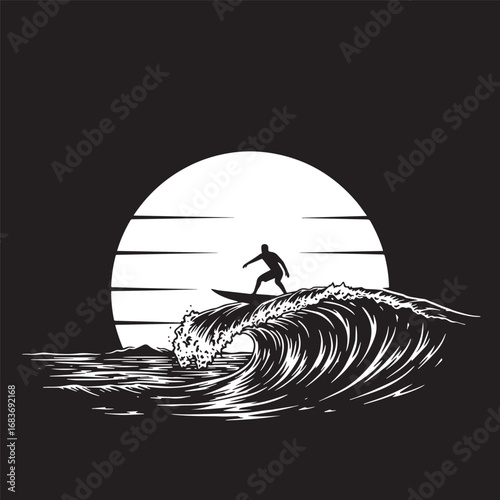 Silhouette of a Surfer Riding a Wave Against a Large Sun