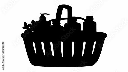Silhouette of a basket filled with assorted bottles and a pump dispenser, adorned with floral accents, black
