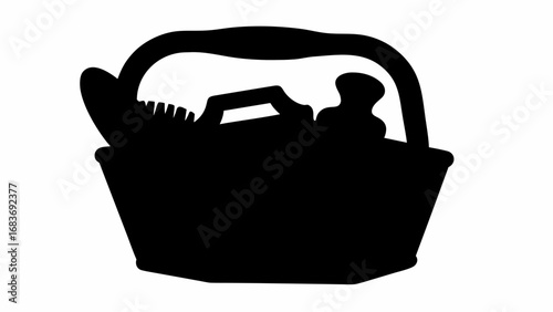 Silhouette of a picnic basket filled with various items including a bottle and utensils on white background