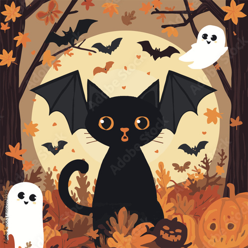 Halloween Black Cat with Bat Wings in Autumn Forest