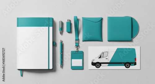 Corporate branding kit for business promotion and advertising with stationery and vehicle mockup