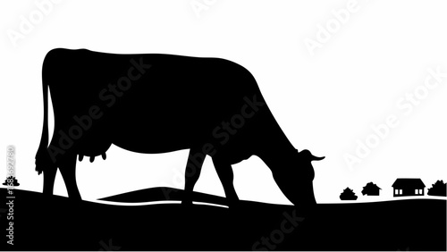 Silhouette of a cow grazing in a field with a house and trees in the distance on a white background