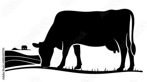 Silhouette of a cow grazing in a field with a small house in the background on a white background