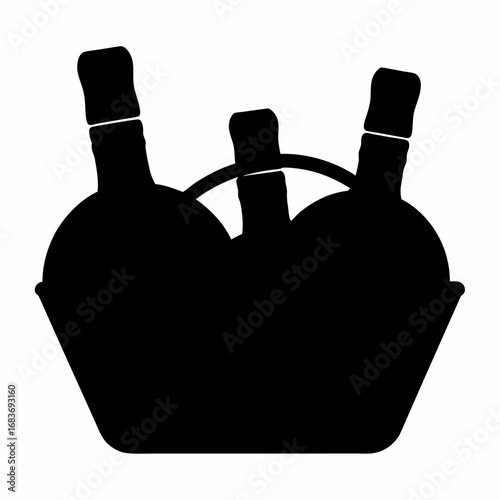 Three wine bottles in a basket with a handle shown in black silhouette on a white background illustration