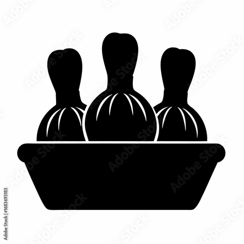 Three massage poultices in a rectangular container with rounded corners in solid black silhouette style