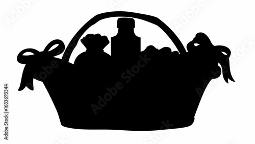 Silhouette of a gift basket filled with a bottle, wrapped items, and adorned with bows on a white background