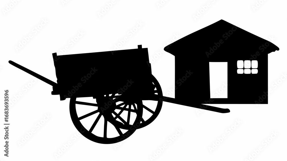 Fototapeta premium Silhouette of a wooden cart with large wheels and a small house with a door and window nearby shown