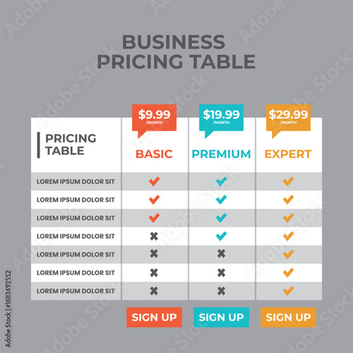 Pricing Table Infographic Template, Clean business pricing table design for plans and services.
