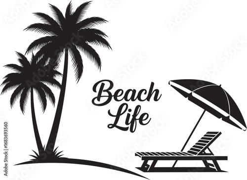 Tropical beach summer vacation background with palm tree chair umbrella and sunset silhouette illustration