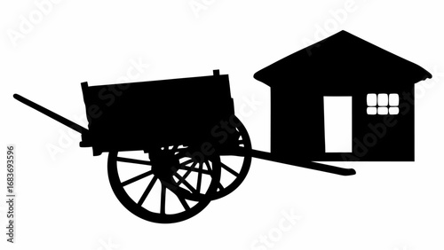 Silhouette of a wooden cart with large wheels and a small house with a door and window nearby shown