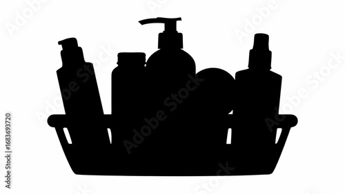 Silhouette of a basket filled with various bottles and containers of beauty and personal care products