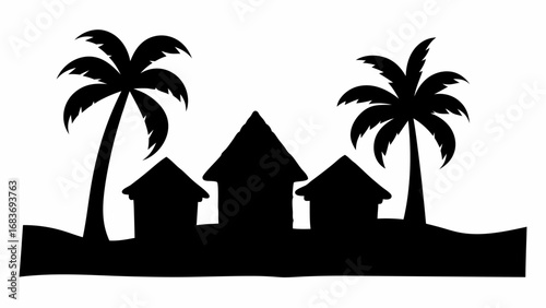 Silhouette of tropical village with palm trees and huts in black and white simple vector illustration