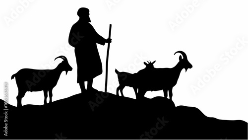Silhouette of a shepherd with a staff tending to a small herd of goats on a hilltop in black and white