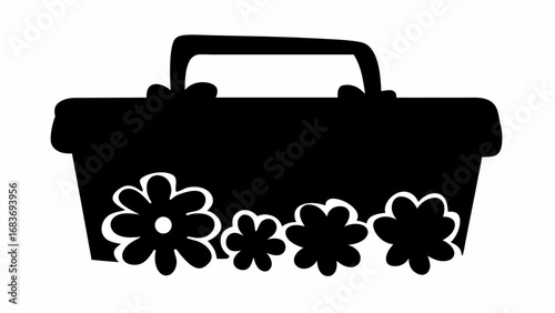 Black silhouette of a basket with a handle and several flowers at the bottom on a white background