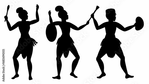 Silhouettes of three african warriors in traditional attire holding spears and shields in a tribal dance