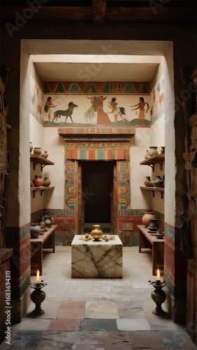 Ancient Egyptian-Inspired Room with Hieroglyphic Murals and Traditional Decor