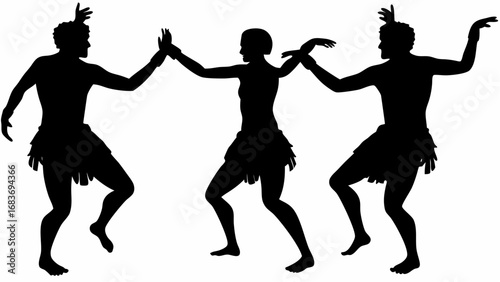 Silhouette of three dancers in skirts performing a synchronized dance with arms raised on a white background