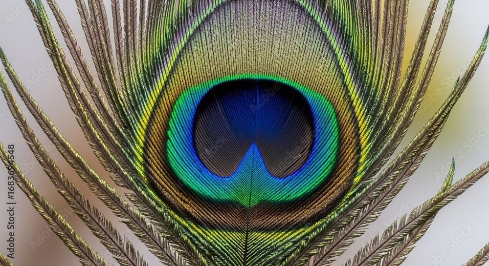 Fototapeta premium Detailed close-up of a vibrant peacock feather with iridescent colors