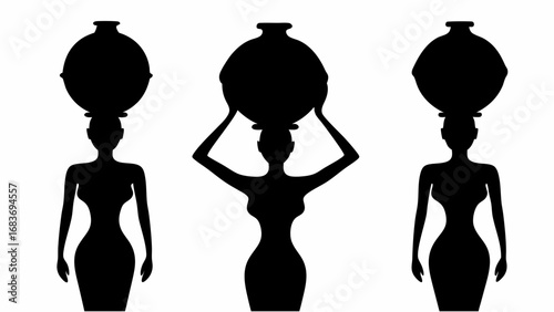 Silhouette depiction of three women carrying pots on their heads in a symmetrical black and white design