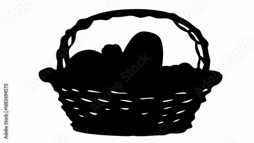 Silhouette of a woven basket filled with various rounded objects and a handle on a white background