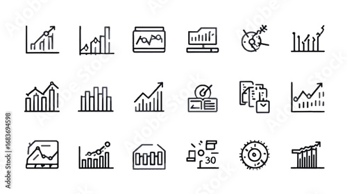 Collection of stylized line art icons related to data analysis and financial growth presentation