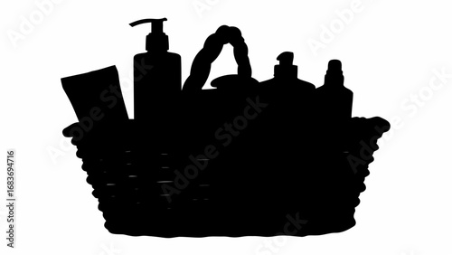 Silhouette of a basket filled with various bottles and containers with handles in a black and white image