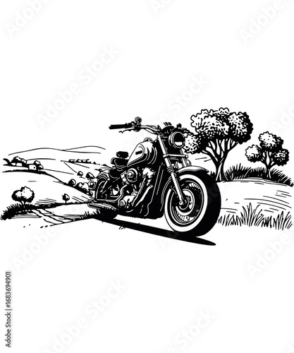 Monochrome Motorcycle Landscape A Detailed Black and White Illustration of a Classic Bike Riding Through Nature