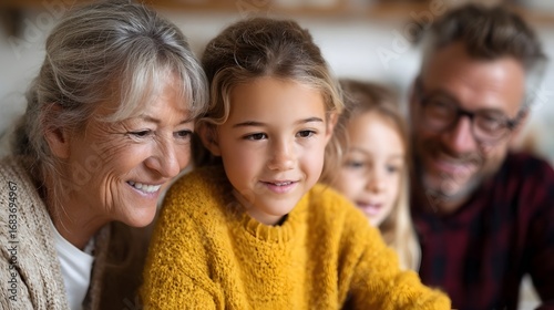 Multi gene nal family members smile together while engaging in a shared learning experience at home fostering strong bonds and connection