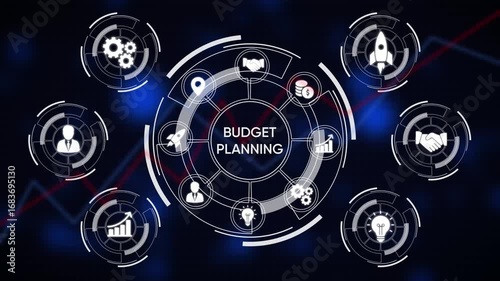 Budget planning concept with icons for finance, growth, and strategy on a dark blue background financial planning