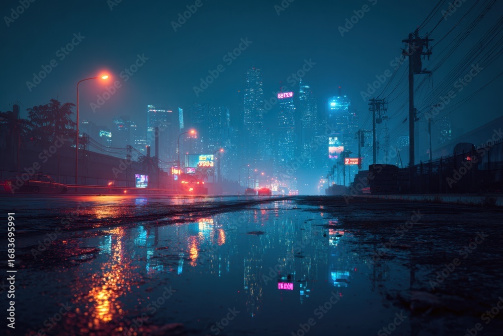 Fototapeta premium Glowing futuristic city skyline with cyberpunk aesthetic, neon skyscrapers at night, water reflections, perfect for dystopian science fiction world-building, digital painting and design inspiration
