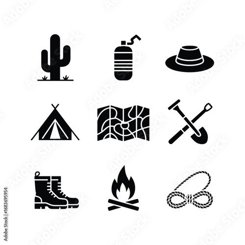 Icon set for desert adventure camping and survival gear collection