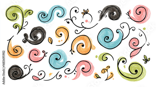 Collection of Whimsical Hand Drawn Colorful Swirls and Vines on a White Background Perfect for Design Elements