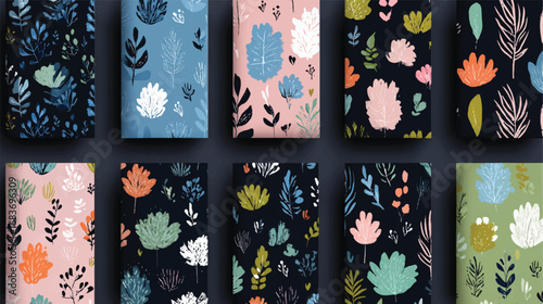 Collection of vibrant botanical patterns showcasing artistic floral designs in an array of complementary and contrasting color palettes ideal for textiles