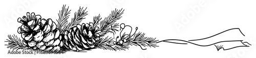 christmas outline border with pinecones branches and ribbon