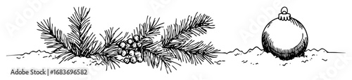 christmas border with pine branches and single bauble in outline style