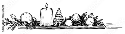 christmas composition with candle baubles and holly leaves in outline
