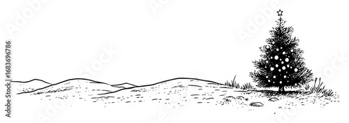 christmas tree in snowy landscape with hills in outline style