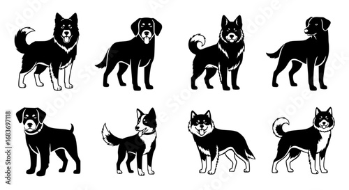 Eight silhouette dogs with various breeds captured, a tribute to the unwavering loyalty and charm of the canine companion. vector illustration