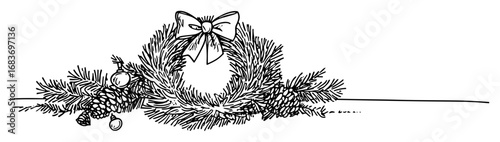 christmas wreath with bow and baubles in outline vector style