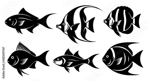collection of various silhouettes of fish, with an exquisite balance of line and form, representing the underwater world. vector illustration