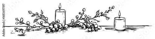 christmas candle border with berry branches in outline style
