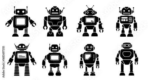 A captivating illustration featuring an array of distinct, retro-style robots, each exuding its own unique charm, presenting a seamless blend of technology and artistic expression.
