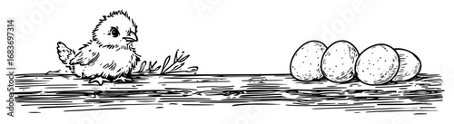 easter chick with eggs on wooden surface in outline drawing