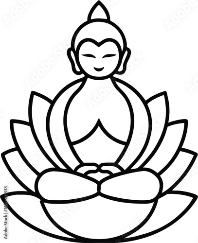 Black and White Buddha Sitting on Lotus Flower Vector Illustration Meditation
