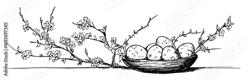 easter eggs in basket with blooming branches in outline style