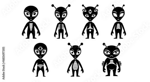 A group of stylized aliens, showcasing a range of unique designs, stand against a blank backdrop, inviting viewers into a world of science fiction and creativity.  vector illustration