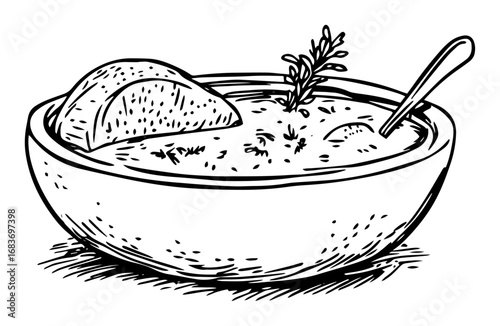 bowl of soup with herbs and lemon slice in outline drawing