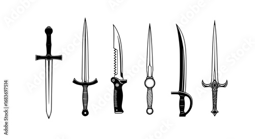 A diverse array of historical weaponries displayed in exquisite black and white line art, revealing intricate details. Each blade exudes an aura of history and valor. vector illustration