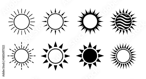 A collection of radiant sun designs, each with unique characteristics, conveying themes of warmth, energy, and positivity. Offering diverse representation for various creative needs.
