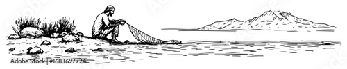 fisherman casting net by the sea with mountains in background